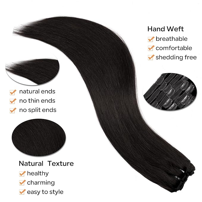 Straight Clip In Hair Extensions Real Human Hair 8Pcs Clip In Jet Black Human Hair Extensions with 18Clips Lace Weft 120g 16inch