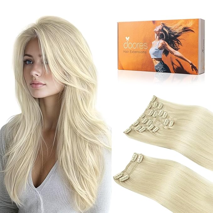 DOORES Hair Extensions Real Human Hair Clip in, Platinum Blonde 18 Inch 150g 9pcs, Remy Hair Extensions Clip in Human Hair Human Hair Extensions Clip ins Silky Straight Thick Real Hair