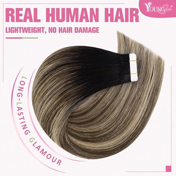 YoungSee Tape in Hair Extensions Real Human Hair Balayage Tape in Hair Extensions Black Ombre Brown with Blonde Tape in Extension Remy Hair Short 12In 20pcs 30g for Adding Volume