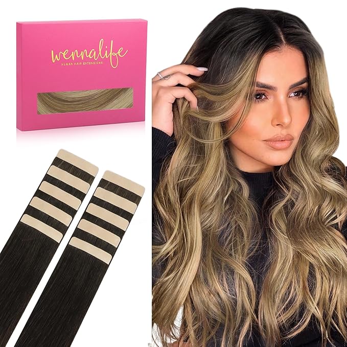 WENNALIFE Tape in Hair Extensions Human Hair Dark Brown to Chestnut Brown and Dirty Blonde Highlighted Tape in Extensions, 10pcs 25g 16 inch Remy Invisible Tape Ins Straight