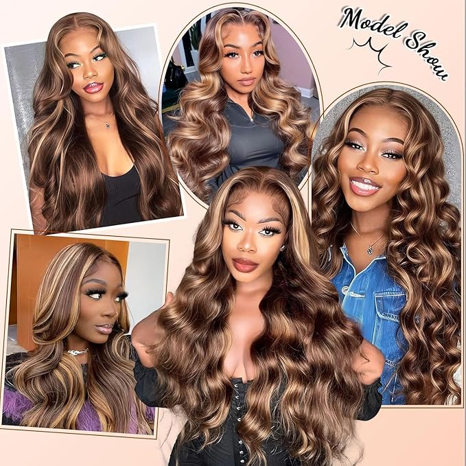 AMIRTY 250 Density Highlight Ombre Lace Front Wig Human Hair Honey Blonde Body Wave 360 HD Lace Front Wigs Human Hair Pre Plucked Brown 4/27 Colored Lace Frontal Glueless Wigs for Women 24 Inch