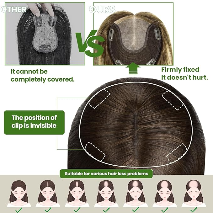 HAIR Toppers for Women Real Human Hair 6x7 inch 150 Density Base 16 inch 75 grams darkest brown Human Hair Topper for Women with Thinning Hair(#2 16inch)