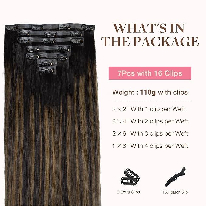 GOO GOO Clip in Hair Extensions Real Human Hair, Remy Human Hair Extensions Clip ins for Women, Natural Human Hair, 20inch 110g 7Pcs, 1B/6/1B Balayage Natural Black to Chestnut Brown