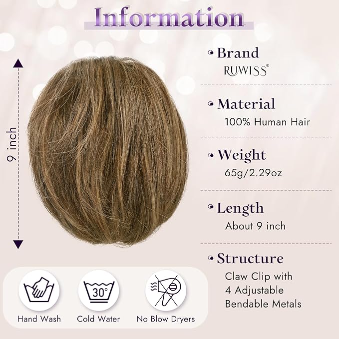 RUWISS Claw Clip Short Human Hair Ponytail Extension with Bendable Metals for DIY Styles Straight Messy Bun Hair Piece for Women Hairpieces for Daily Wear,9 Inch Chocolate Brown Highlighted Dark Brown
