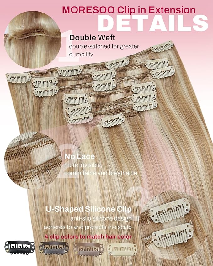 Moresoo Clip in Hair Extensions Real Human Hair Blonde Highlights Brown Hair Extensions Clip ins Golden Brow with Platinum Blonde Double Weft Remy 120g/7pcs 16 inch