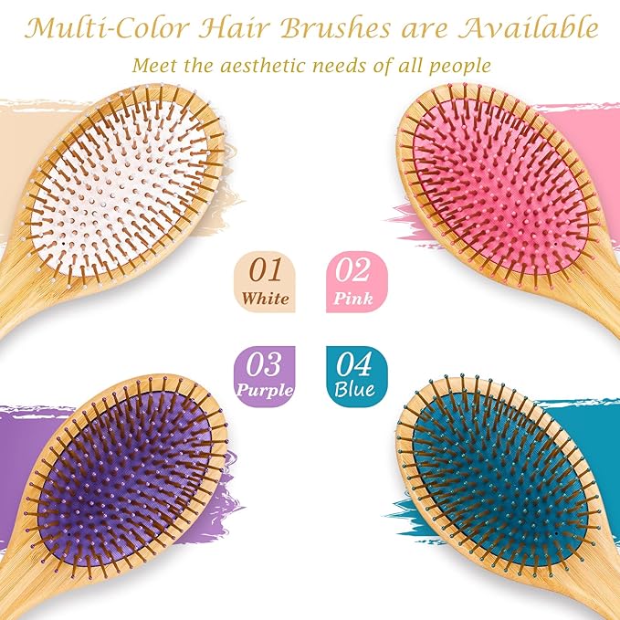 Sofmild Bamboo Wooden Paddle Hair Brush Comb Set, Hairbrushes for Women Men Kid Detangling Hair Massaging Scalp with Round Tip Bristles for All Hairstyles (Pink Wooden)
