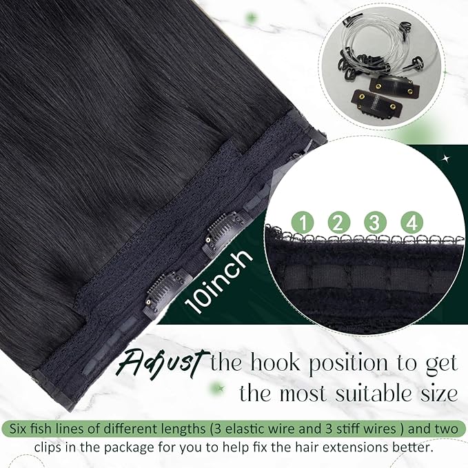 RUANTURE Jet Black Wire Hair Extensions Real Human Hair, Invisible Wire Hair Extensions Soft Straight Hair, Natural Looking, Easy to Install in Daily Wearing, 14 Inch 70g #1 Jet Black