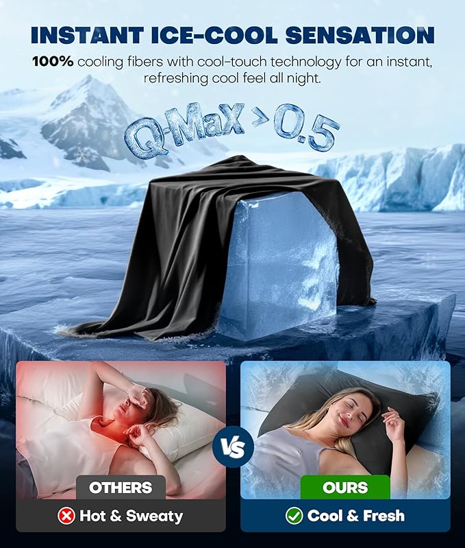 Ultra-Chill Cooling Pillowcase Set of 2 for Hot Sleepers, Softer Than Silk Pillow Cases for Protecting Hair & Skin, Breathable Bed Pillow Covers w/Zipper, Gifts for Women & Men (Black, Standard)