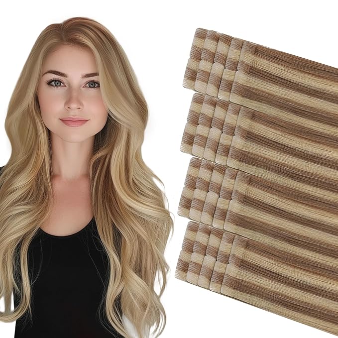 COOKAYU Injected Tape in Hair Extensions,Invisible Tape in Real Human Hair Extensions Gold Brown to Caramel Blonde 20pcs/pack 14Inch 30g Seamless
