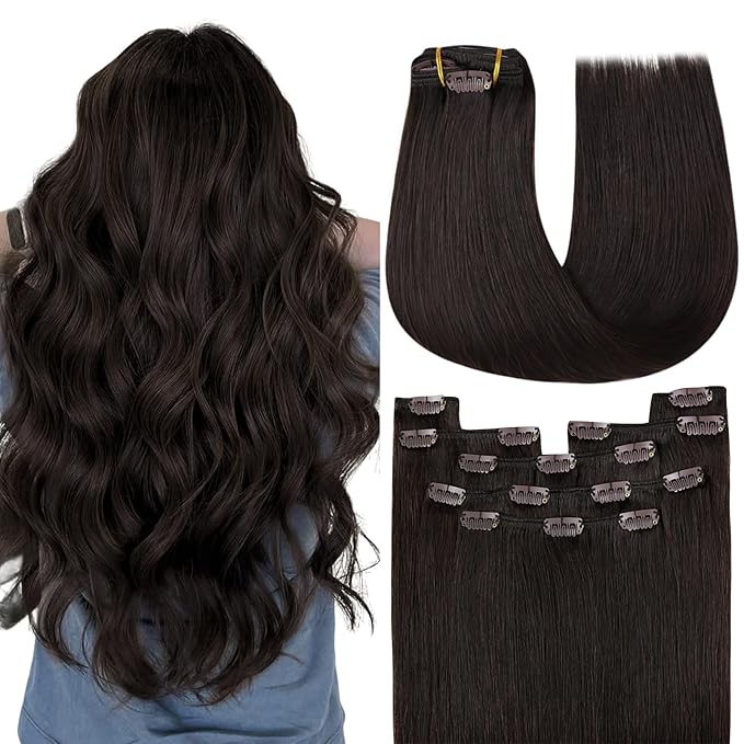 YoungSee Clip in Hair Extensions Human Hair Brown Clip on Hair Extensions for Women Darkest Brown Clip in Human Hair Extensions Silky Remy Hair 20Inch 120G 7Pcs