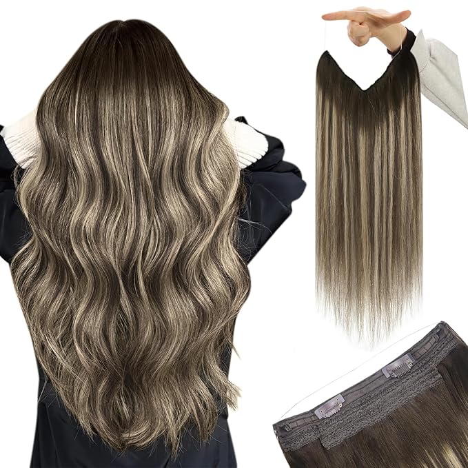 YoungSee Wire Hair Extensions Human Hair Balayage Invisible Wire Human Hair Extensions Ombre Dark Brown with Ash Blonde Straight Fish Line Extensions Soft Remy Hair 14Inch 80G