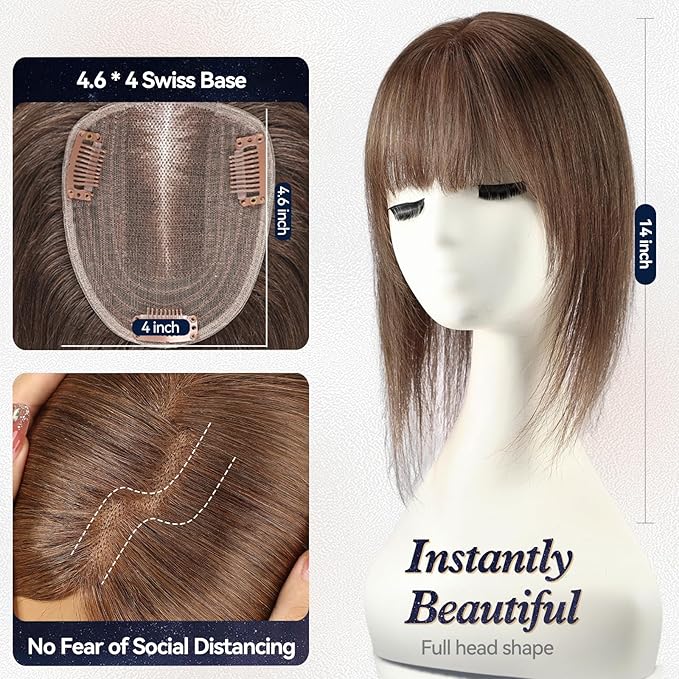 starluck Human Hair Toppers for Women with Thinning Hair, 14 Inch Real Hair Topper, 4.6x4 Inch SilkHug Swiss Lace Base Hairpiece, With Bangs (Brown)