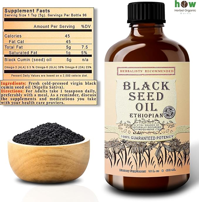 Ethiopian Black Seed Oil 16oz – Extra Strength 3x Thymoquinone – 100% Pure Cold-Pressed Nigella Sativa – Immune, Joint, Hair and Skin Support