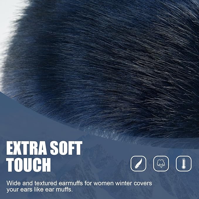 Faux Fur Headband for Women Elastic Fuzzy Thick Earmuffs Winter Headwrap Ear Muffs Furry Ear Warmers Cold Weather (Navy Blue)