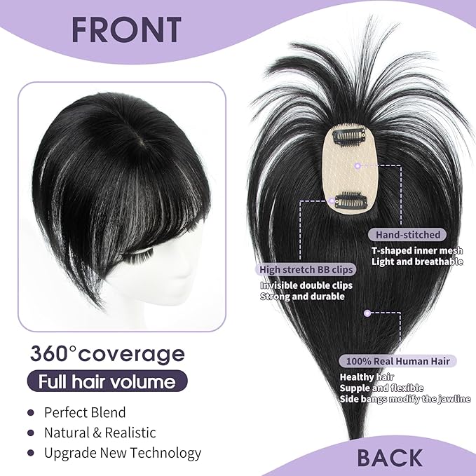 Real Human Hair Topper for Women with Thinning Hair 100% Real Remy Hair Topper for Women, Clip In Hairpiece for Thinning Hairpiece for White HairRoots Cover(8inch, Jet Black)