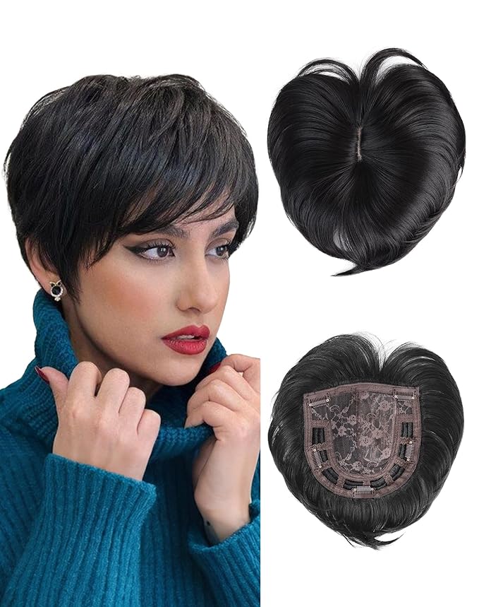 QUEENTAS Black Short Hair Toppers for Women with Thinning Hair 360°3D Cover with 5 Clips Hair Pieces Wispy Bangs 6"*6" Large Coverage Men's Toupee(Black/1B)