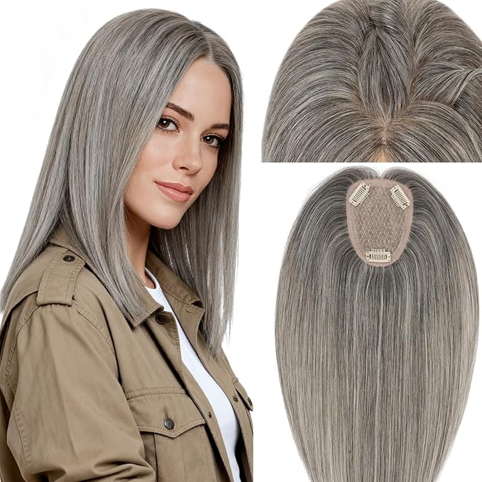 Rich Choices Human Hair Toppers for Women-100% Real Remy Hair Topper No Bang-Upgraded 150% Density 9 * 12CM Lace Base-Clip in Hairs Topper for Thinning Hairs-10Inch #G2 Grey