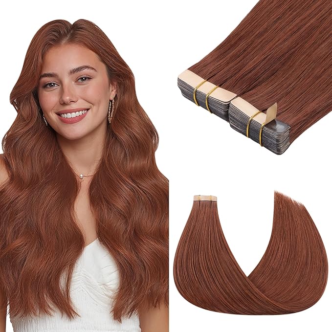 GOO GOO Tape in Hair Extensions Human Hair, #33B Dark Auburn Copper, 18inch 100g 40pcs, Skin Weft Seamless Invisible, Silky Straight with Thick Ends, Remy Human Hair