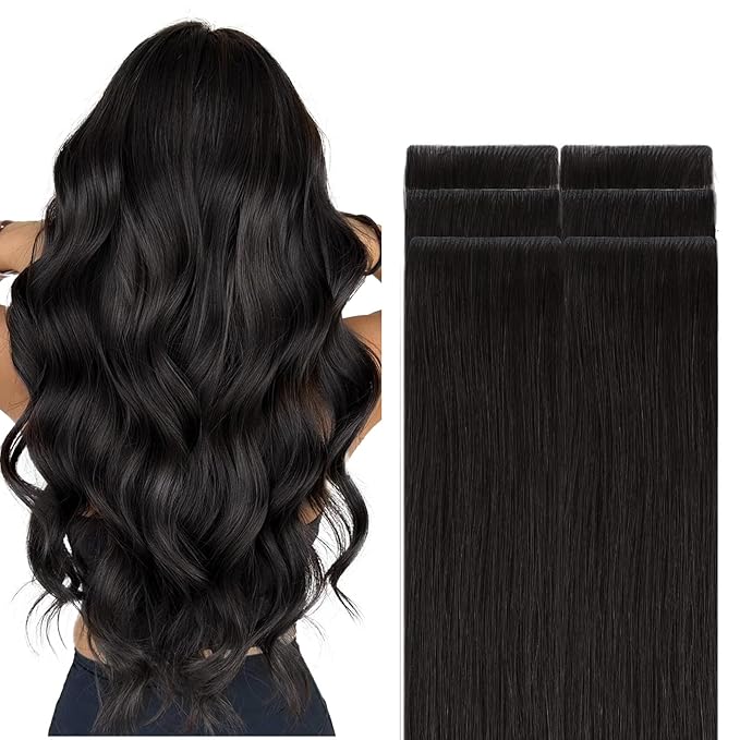 GOO GOO Invisi Edge Tape in Hair Extensions Human Hair, 1B Natural black, 6pcs 16inch 15g, Virgin Remy Hair, Seamless Injected Tape, Natural Look