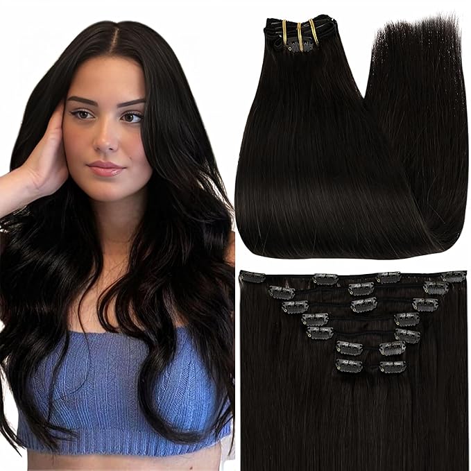 Full Shine Black Human Hair Clip in Extensions Triple Weft Remy Hair Extensions Clip ins Black Hair Extensions Real Human Hair for Women 12 Inch 7 Pcs 95 G