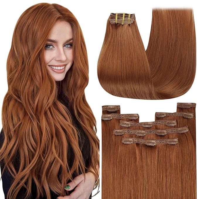 YoungSee Clip in Human Hair Extension Copper Real Hair Clip in Extension Copper Real Human Hair Extensions Clip ins Dyable Remy Hair for Women 14Inch 7Pcs 120g