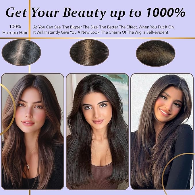 Hair Toppers for Women Real Human Hair, 360°3D Topper for Women with Thinning Crown Wispy Clip in Bangs Breathable Hand Tied Craft Big Coverage Hairpieces(Chestnut Brown（Big）, 16 Inch-3D-Wispy)