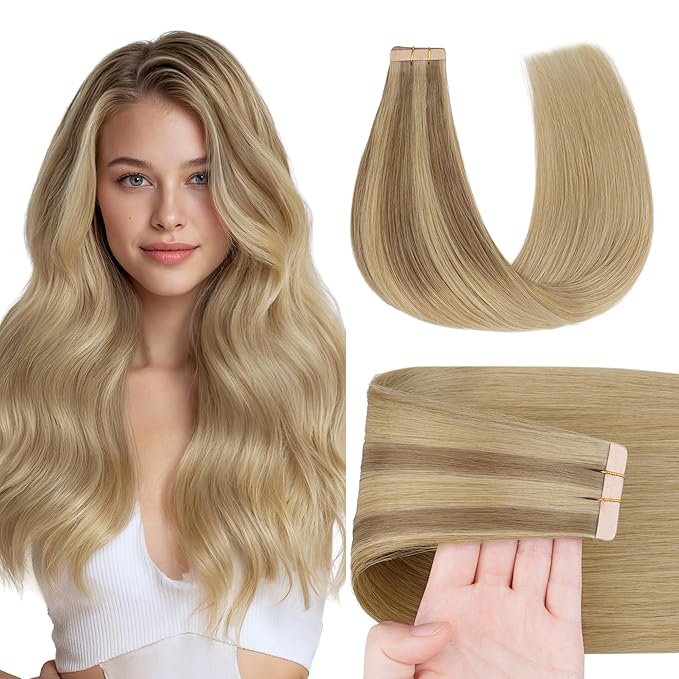 GOO GOO Tape in Hair Extensions Human Hair, #(T12A/18H) P18H Ash Beige Blonde Blend, 24inch 50g 20pcs, Skin Weft Seamless Invisible, Silky Straight with Thick Ends, Remy Human Hair