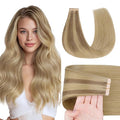 GOO GOO Tape in Hair Extensions Human Hair, #(T12A/18H) P18H Ash Beige Blonde Blend, 18inch 50g 20pcs, Skin Weft Seamless Invisible, Silky Straight with Thick Ends, Remy Human Hair