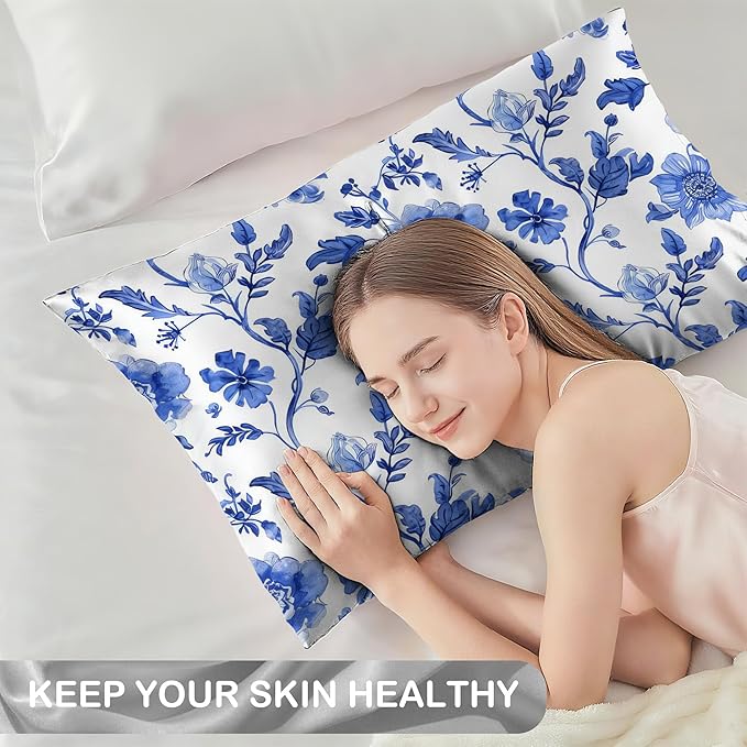 Vintage Blue Floral Satin Pillow Case Queen Size,Soft Pillowcases for Hair and Skin Similar to Silk,Pillowcases with Hidden Zipper Bedding Accessories,20X30 Inches,1 Pack