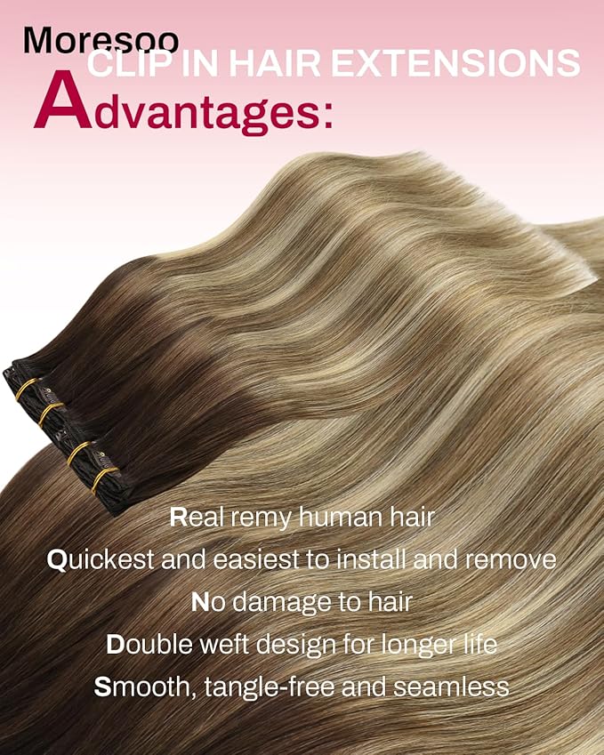 Moresoo Real Hair Extensions Clip in Human Hair Balayage Dark Brown to Medium Brown with Bleach Blonde Ombre Clip on Hair Extensions Human Hair Straight 5 Pieces 80G 14 Inch