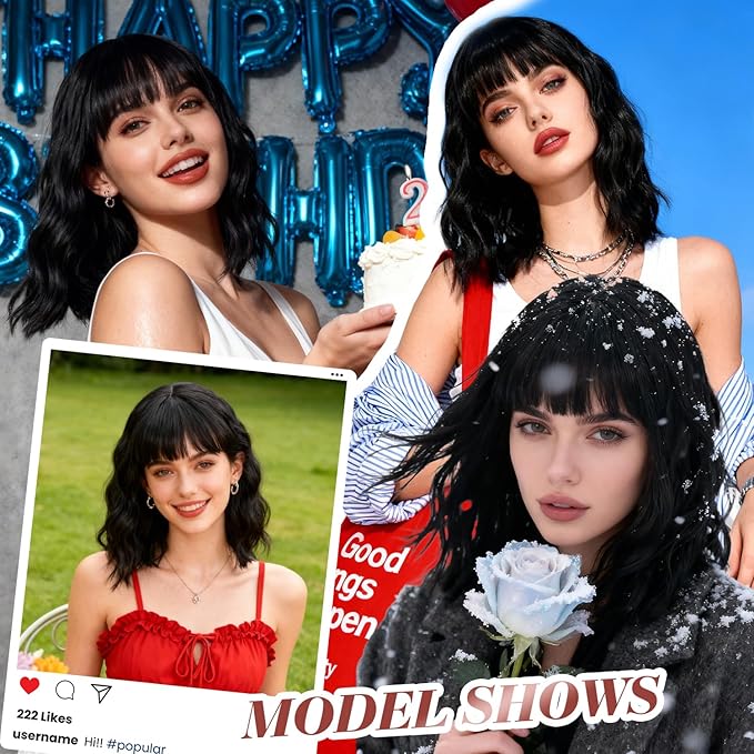 Black Bob Wig With Bangs Wave Wigs for Women 14 Inch Short Loose Wavy Heat Resistant Synthetic Wig Shoulder Length Natural Color Hair for Daily and Party Use