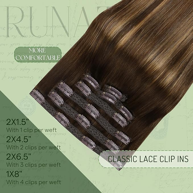 RUNATURE Balayage Clip in Hair Extensions Real Human Hair, 22 Inch Hair Extensions Clip Ins, Double Weft Human Hair Clip in Extensions, Long Straight Hair, 120g 7pcs #4/27/4 Brown Root to Blonde