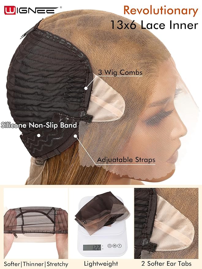 WIGNEE 13x6 Synthetic Lace Front Wig 28" Mixed Brown Wig Pre-Plucked Handmade Lace Front Wigs with Kanekalon Futura Hair Voluminous Long Straight Synthetic Wigs for Daily Party Use
