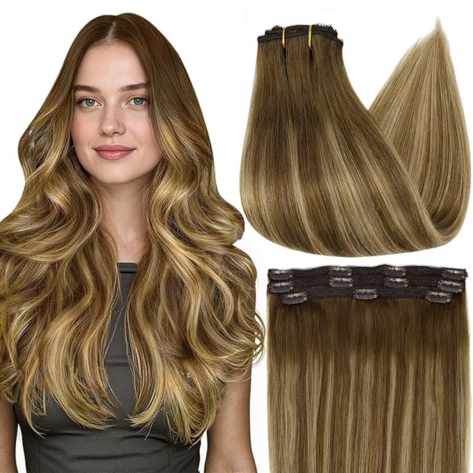 Full Shine Clip in Extensions for Women Human Hair Medium Brown Fading to Blonde and Brown Highlighted Seamless Hair Extensions Clip in Softness 18 Inch 3 PCS 60 G
