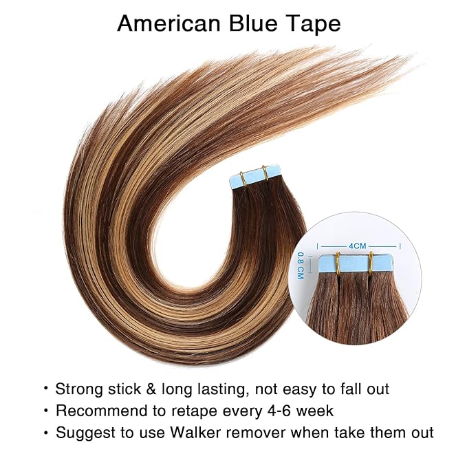 SUYYA Tape in Hair Extensions Human Hair Ombre Chocolate Brown to Caramel Blonde Remy Hair 14 inches 20pcs 40g/pack Straight Seamless Skin Weft Tape in Human Hair Extensions (14 inch #P4/27/T4)