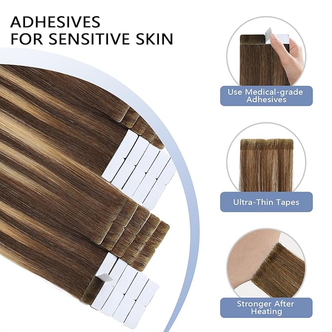 COOKAYU Invisible Tape in Hair Extensions, Injected Tape Hair Extensions Medium Brown to Caramel Blonde 50g 20pcs 22Inch Seamless Tape in Human Hair Extensions Straight