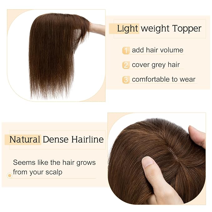 SEGO Hair Toppers for Women Real Human Hair With Bangs, 7 * 13CM Silk Base 100% Remy Human Hair Clip in Top Wiglet Hairpieces Add Volume -8 Inch Medium Brown