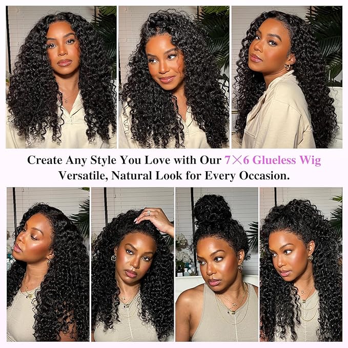 7x6 Burmese Curly Glueless Wigs Human Hair Pre Plucked Pre Cut 250% Density Drawstring Wig for Black Women 7x6 HD Lace Front Wigs Human Hair Glueless Wear and Go Nautural Color 18 Inch