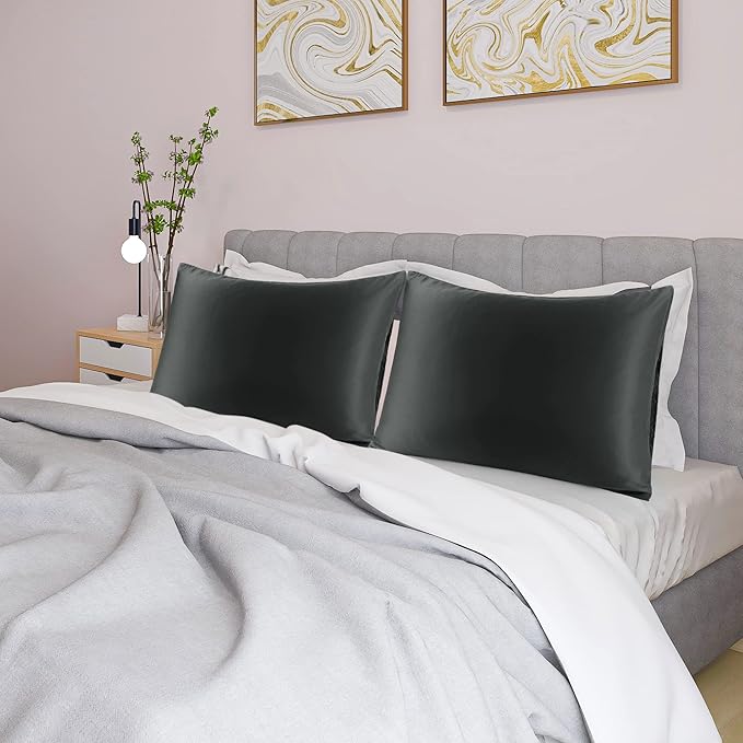 uxcell 2 Pack Silk Satin Pillowcase for Hair and Skin, Cool, Silky, Soft Breathable Pillow Cases Standard Size 20x26 Inch Sateen Pillowcase Black with Envelope Closure