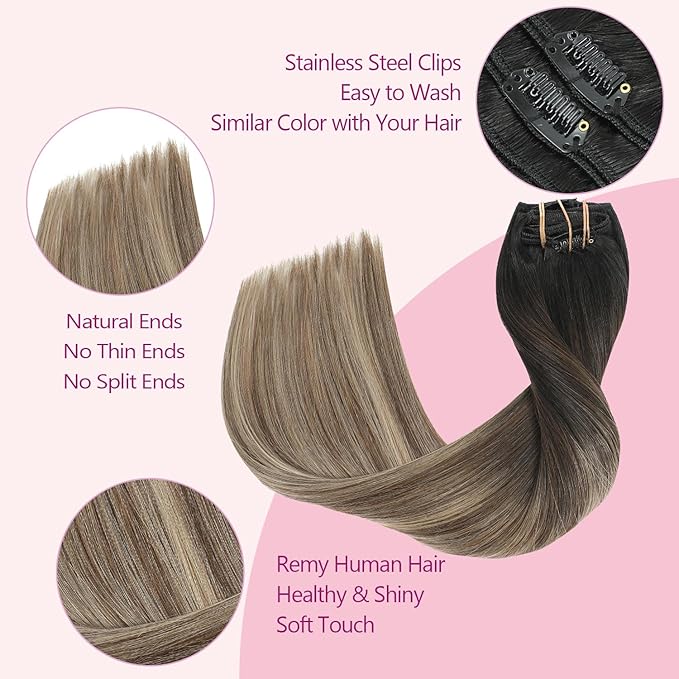 PINKPEARL Clip in Hair Extensions Real Human Hair #1B/4/27 Balayage Natural Black to Chocolate Brown and Caramel Blonde Clip in Hair 7pcs 120g 20inch Human Hair Extensios Clip ins(#1B/4/27-20)