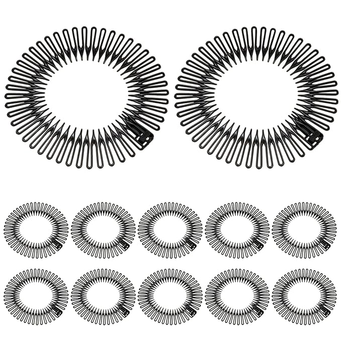 12 PCS Stretch Full Circular Stretch Comb Hair Bands, Comb Headbands for Women, Fashion Makeup Non slip Toothed Hairs Clip, Hair Wrap Holder for Lady and Girls Black