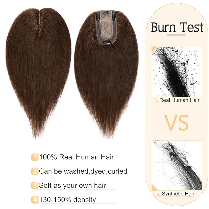 SEGO Human Hair Toppers for Women With Thinning Hair, 7 * 13CM Silk Base 100% Real Human Hair Clip in Top Wiglet Hairpieces -10 Inch No Bangs Medium Brown