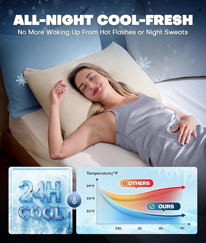 Ultra-Chill Cooling Pillowcase Set of 2 for Hot Sleepers, Softer Than Silk Pillow Cases for Protecting Hair & Skin, Breathable Bed Pillow Covers w/Zipper, Gifts for Women & Men(Beige, King)
