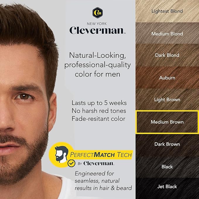 2X Reusable Hair & Beard Dye System for Men – Up to 10 Uses | 7-Minute Natural-Looking Gray Coverage | No-Drip Cream with SkinArmour® – Cleverman (Medium Brown)