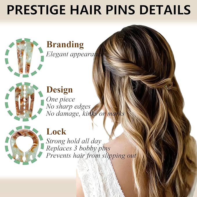 6 Pack Prestige Hair Pins for Women, 3.15" Medium French Hair Pins for Thin & Thick Hair, Curved Anti-Slip Design for Better Hold, Perfect Holiday Gift for Her