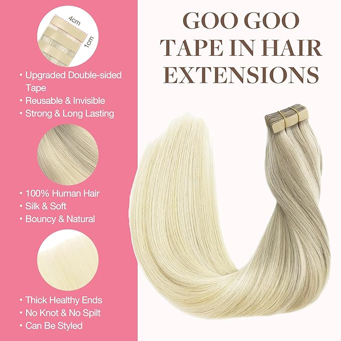 GOO GOO Tape in Hair Extensions Human Hair, 17/22/60 Ash Blonde to Golden Blonde and Platinum Blonde, 12inch 80g 40pcs, Skin Weft Seamless Invisible, Silky Straight with Thick Ends, Remy Human Hair