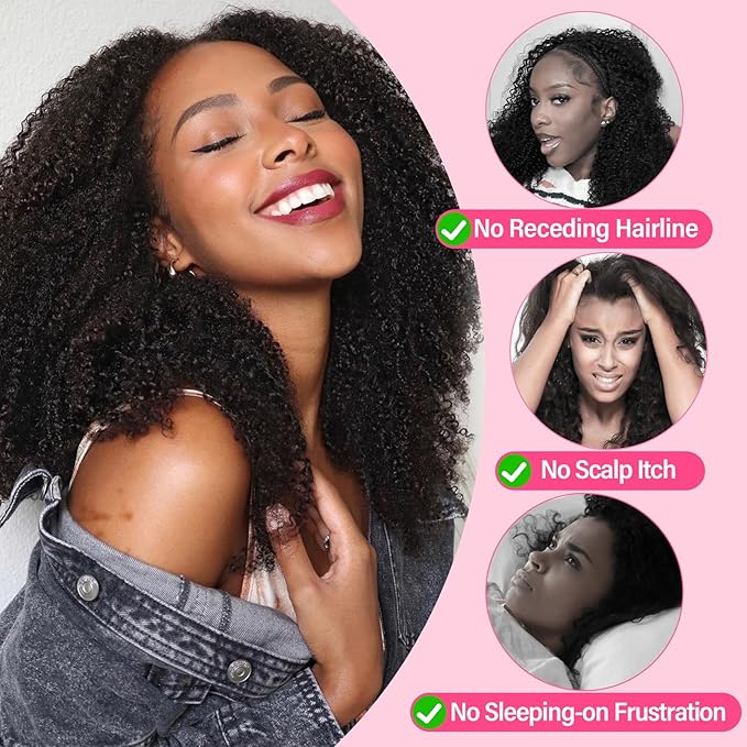 WOWANGEL Kinky Curly Half Wig Human Hair 180% Density Flexi-Fit Invisi 3 in 1 Wigs Flip Drawstring Wig Glueless Wear and Go Headband Wig 100% Human Hair for Women, Natural Black, 18 Inch