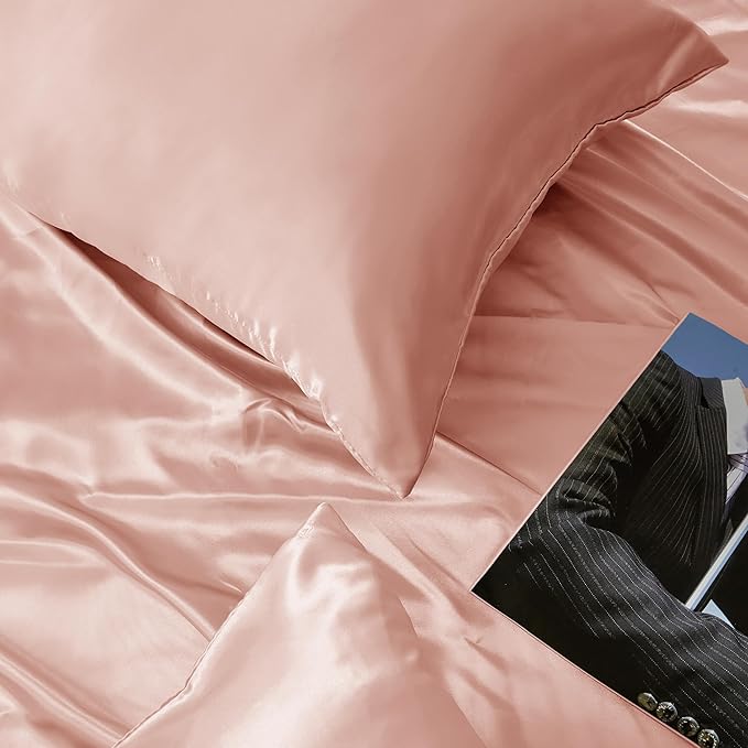 Rose Gold Satin Pillowcase Standard Set of 2 with Envelope Closure，Rose Gold Silk Pillowcase for Hair and Skin (20x26)
