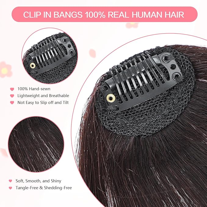 Clip in Bangs 100% Real Human Hair, Wispy Bangs Hair Clip, Fake Bang Fringe with Temples Hairpieces for Women Daily Wear (Medium Brown, Wispy Bangs)