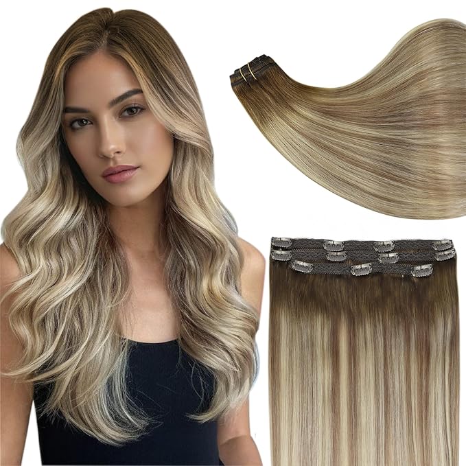 Full Shine Clip in Hair Extensions Balayage Seamless Human Hair Clip in Dark Brown to Ash Brown Mix Medium Blonde Real Hair Extension Lace Weft 16 Inch 3 PCS 60 G